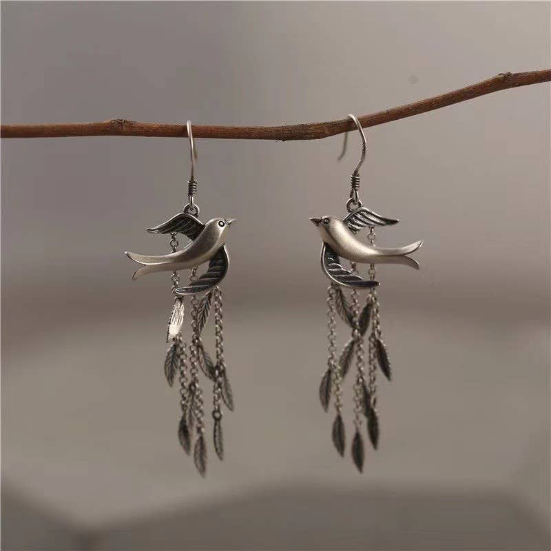 Willow Leaf Swallow Tassel Long Earrings: Silver