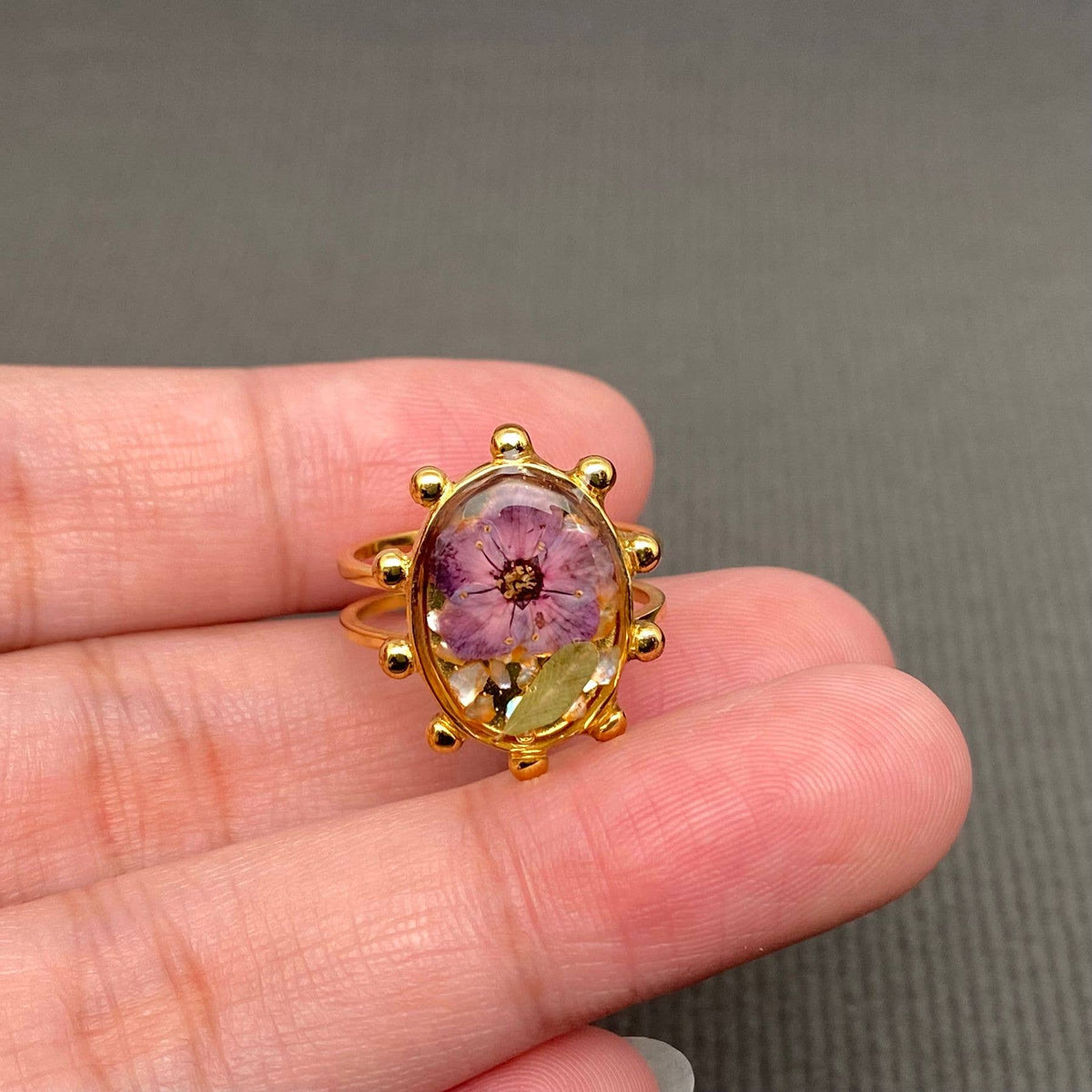 Dried flowers 18K Golden SS Adjustable Floral Rings- PDF/FGS: A