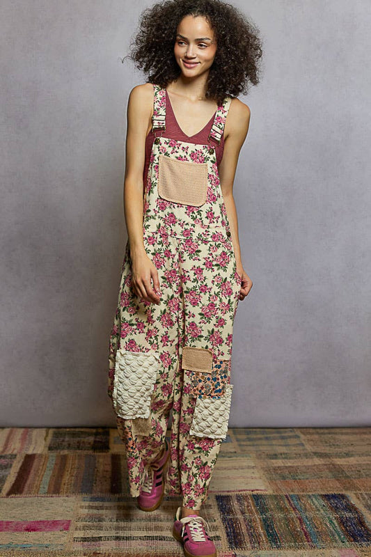 Printed corduroy varied patchwork overalls