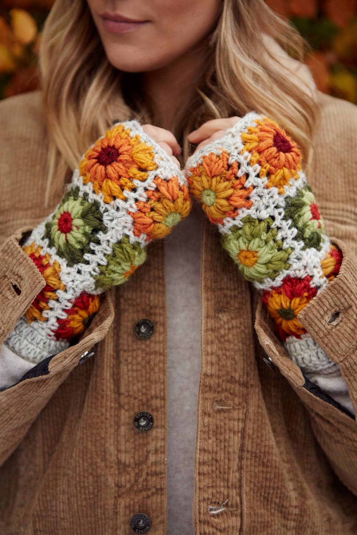 Woodstock Granny Square Crochet Fingerless Gloves Oatmeal: One Colour