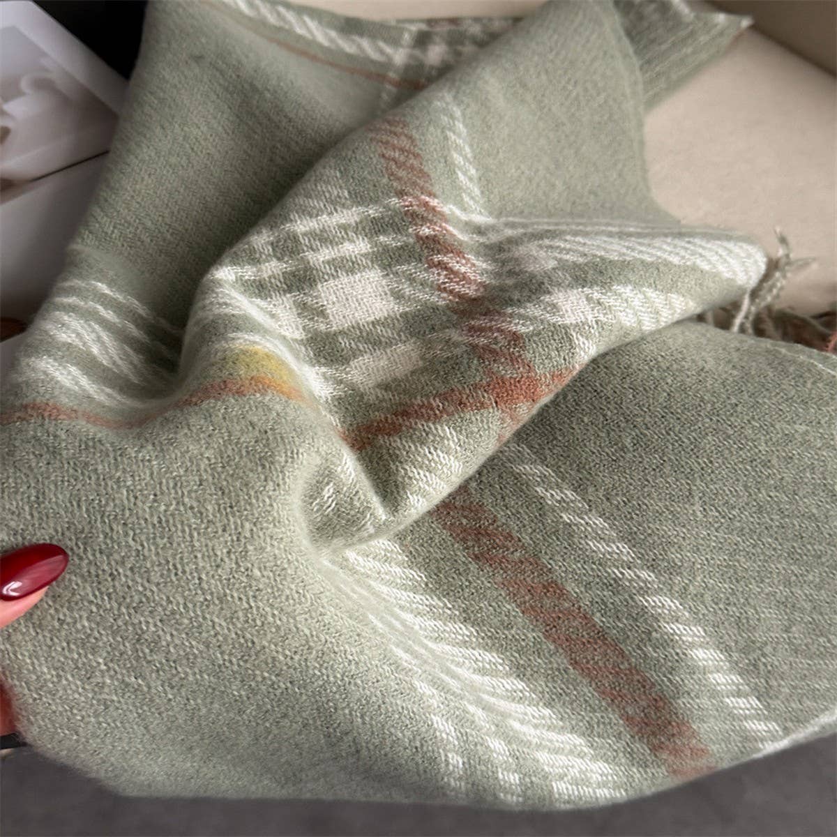 Minimal Plaid Soft Cashmere Feel Winter Scarf_CWASC03246: Green / (OS) 1