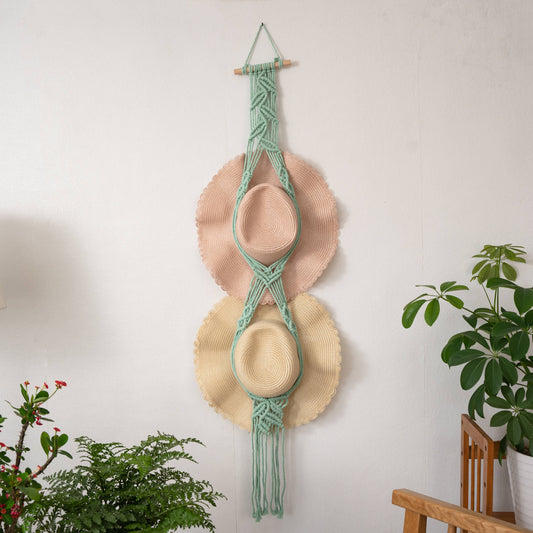 Leaf Macrame Wall Hanging for Hat Storage & Display Collect: Mint