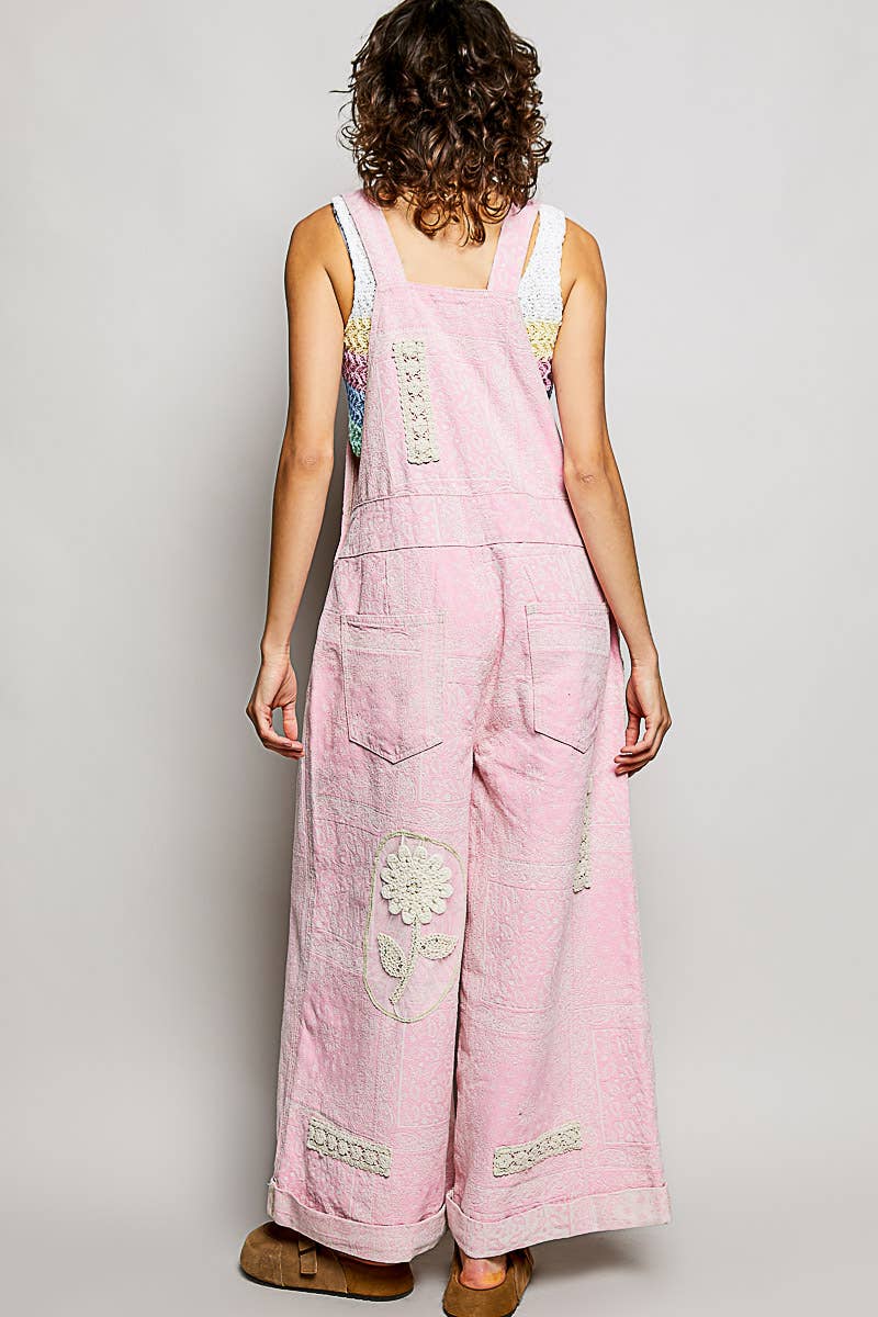 Floral Crochet Pearl Patch Roomy Fit Twill Overalls: FLORAL MULTI / M
