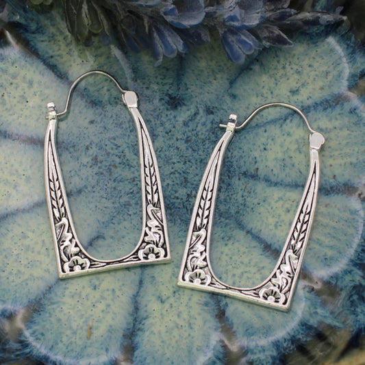 Vintage Frame Silver Hoop Earrings