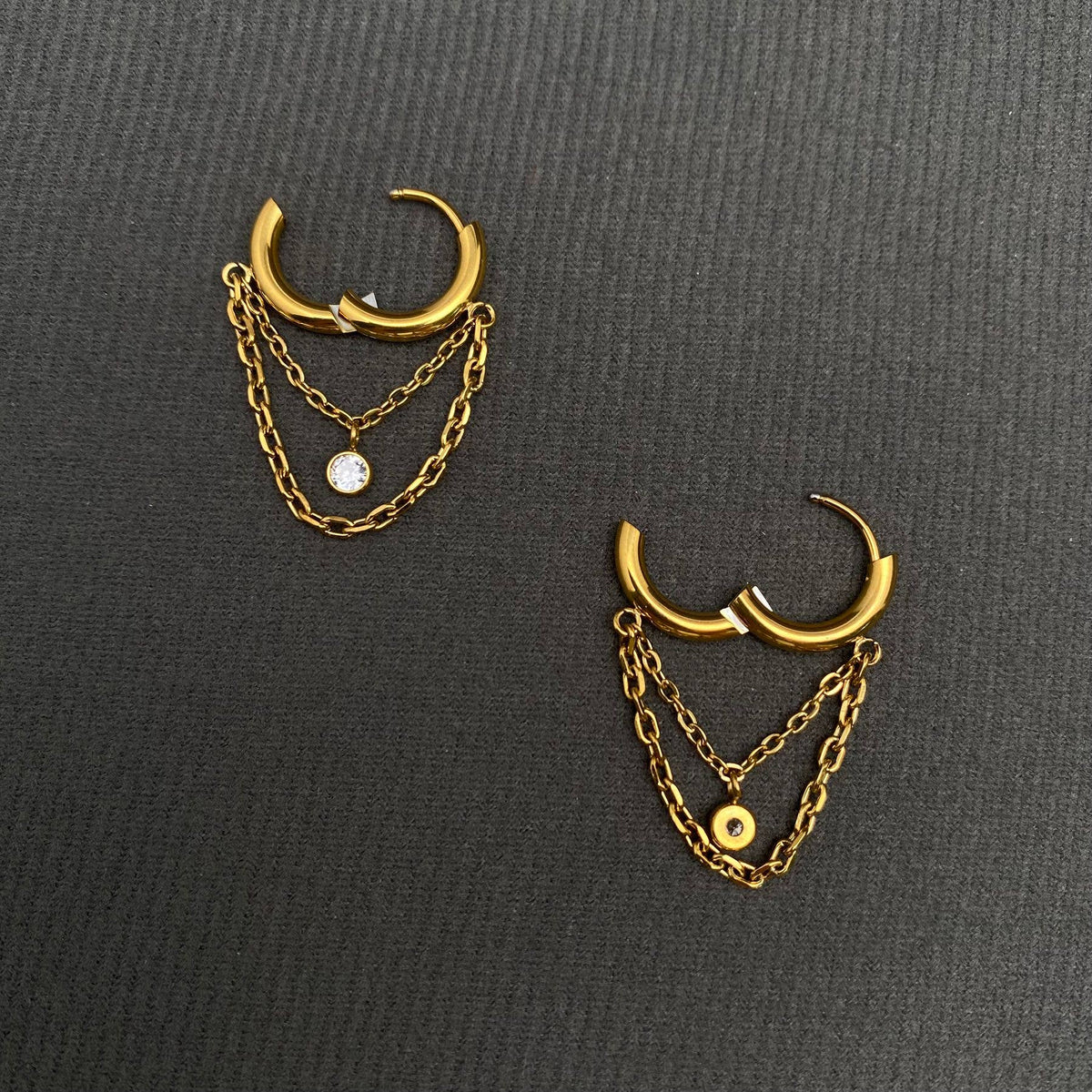 Zircon inlaid chain Fringe 18K Golden SS huggie Earrings-FGS