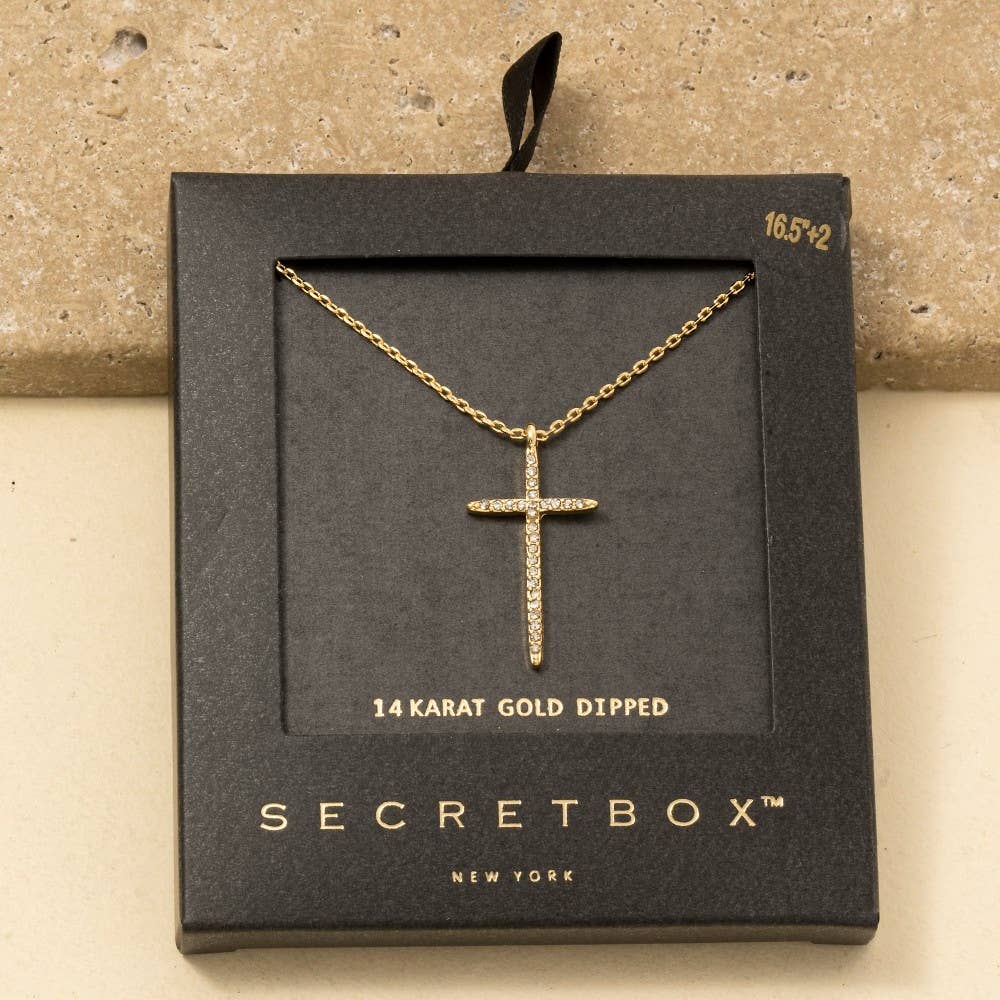 Secret Box Gold Dipped Thin Cz Cross Pendant Necklace: GD