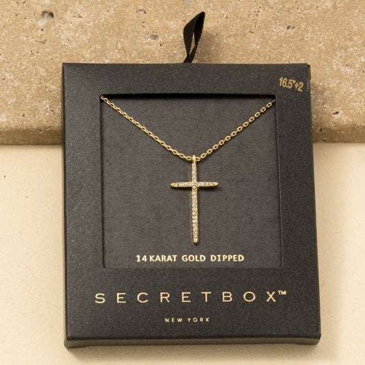 Secret Box Gold Dipped Thin Cz Cross Pendant Necklace: GD