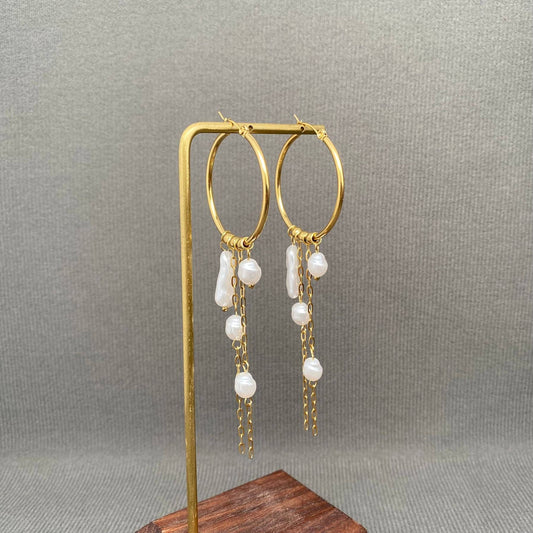 Pearl Fringe 18K Gold Plated S.Steel Hoop Earrings - FGS
