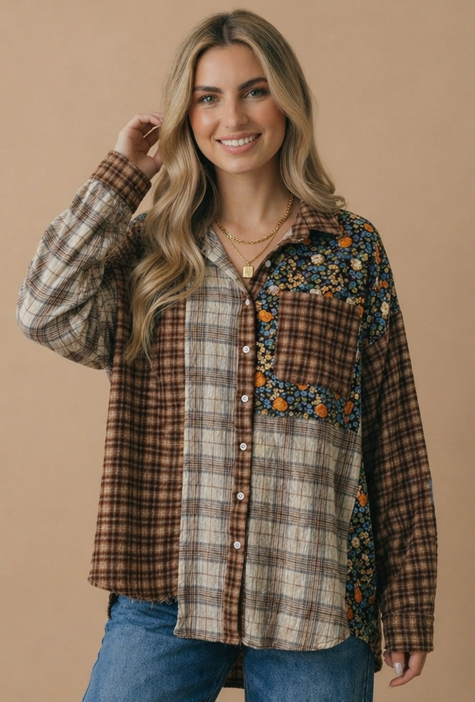 Button Down Color Block Oversized Top