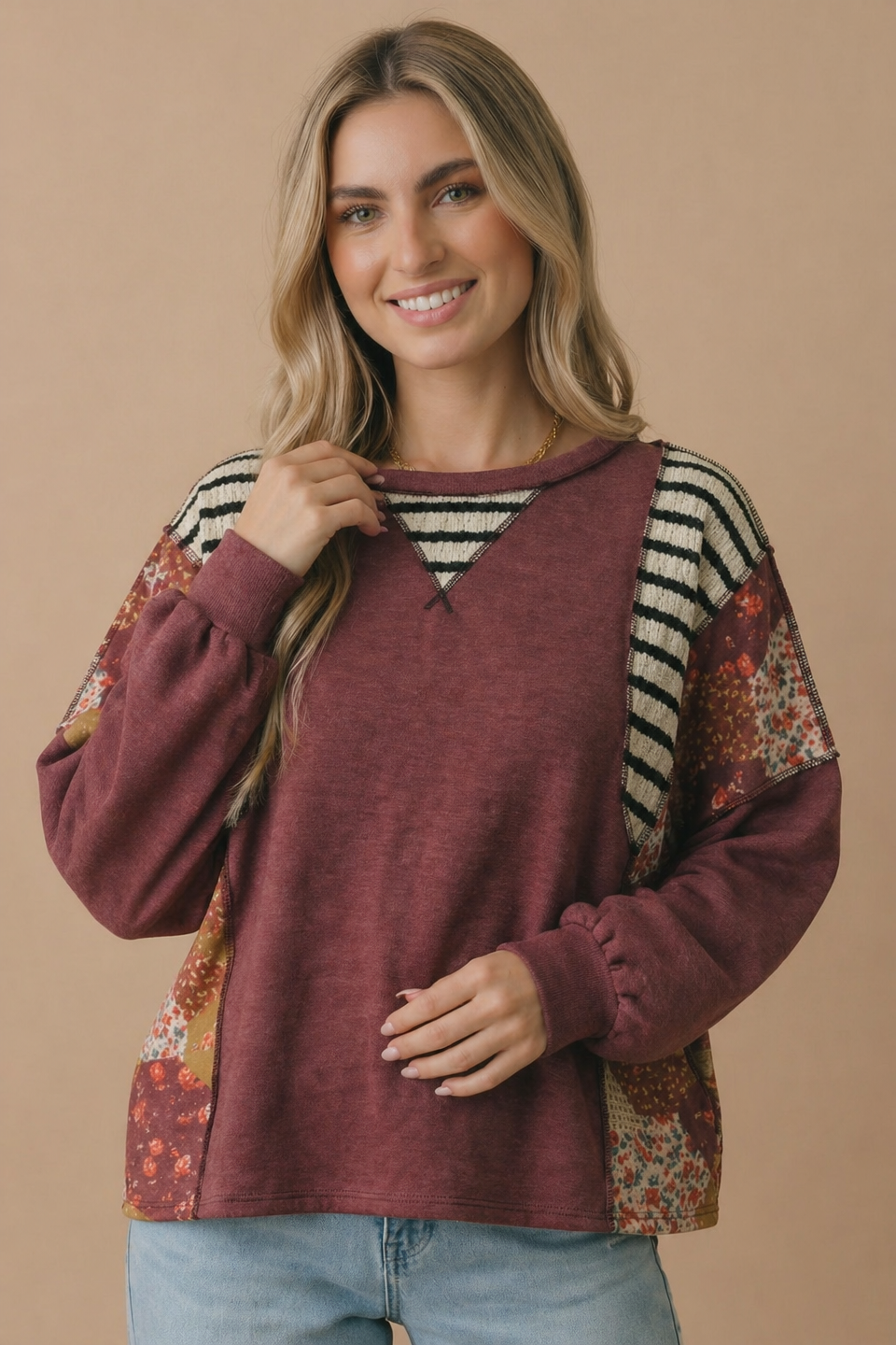 Round Neck Oversized Color Block Knit Top