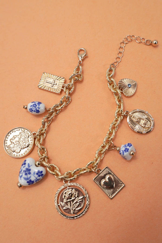 BLUE CERAMIC PORCELAIN COIN CROSS CHARM BRACELET | 80B1341: Gold