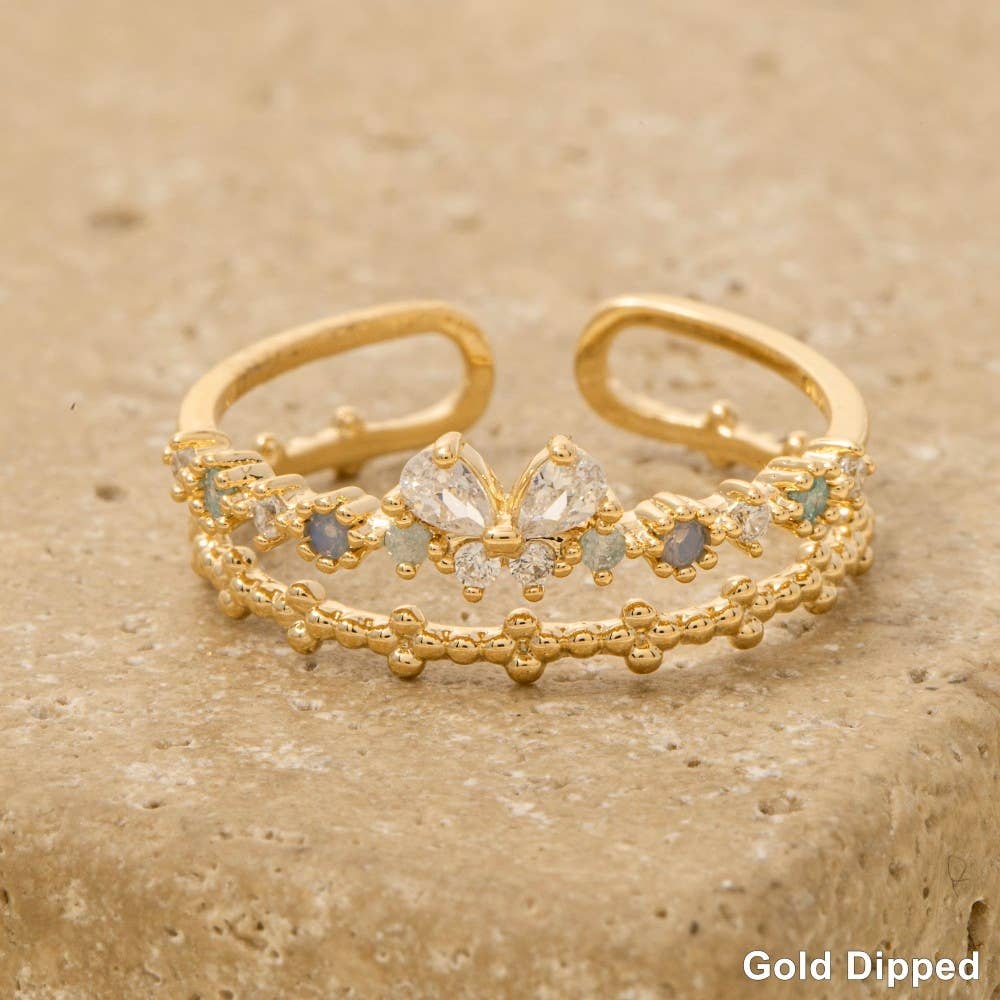 Gold Dipped Butterfly Cz Two Row Ring: G