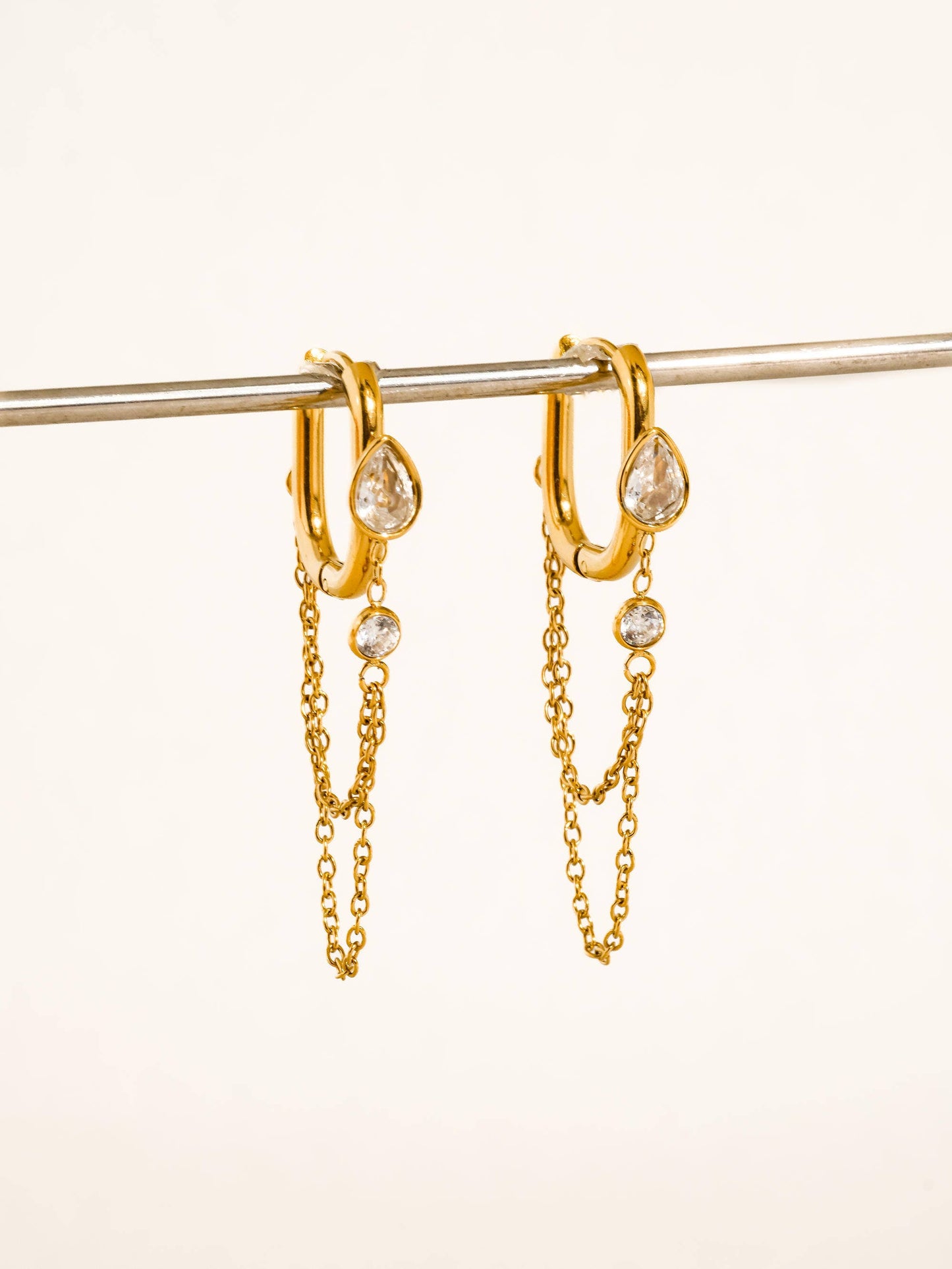 Lucienne 18K Gold Non-Tarnish CZ Chain Link Drop Earrings: Yellow Gold