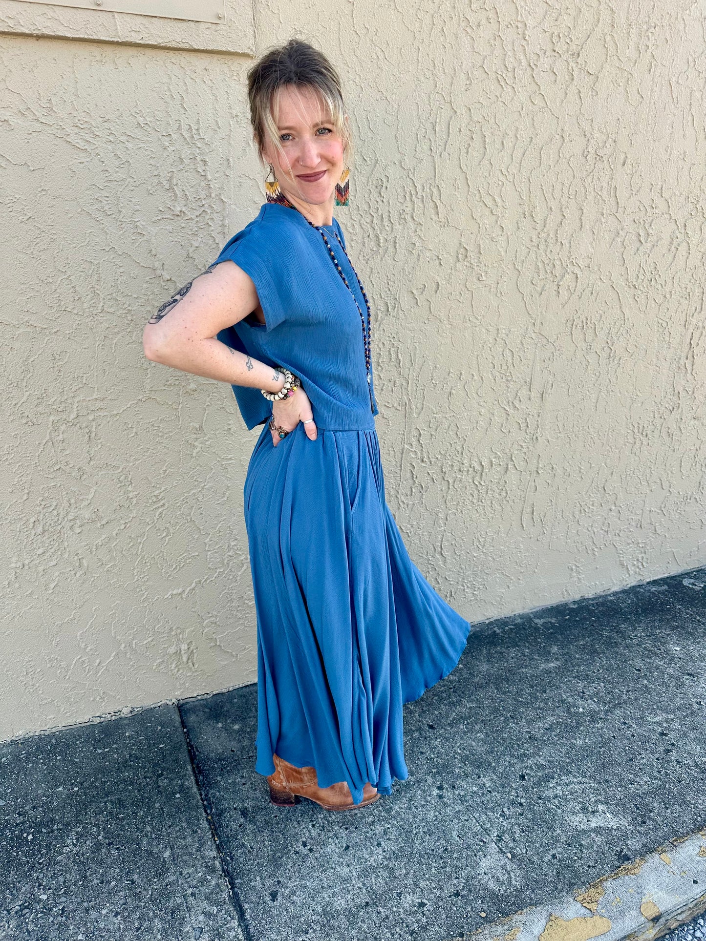 Woven Crinkle Gauze Crop Tee & Skirt Set