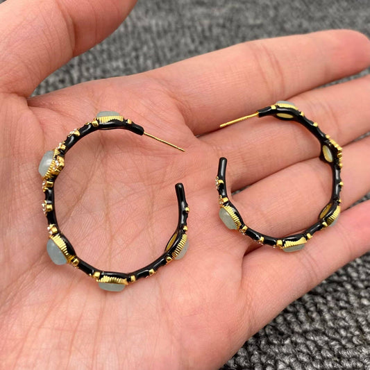 Green Aventurine Black Enamel 18K Gold Plated Hoop Earrings