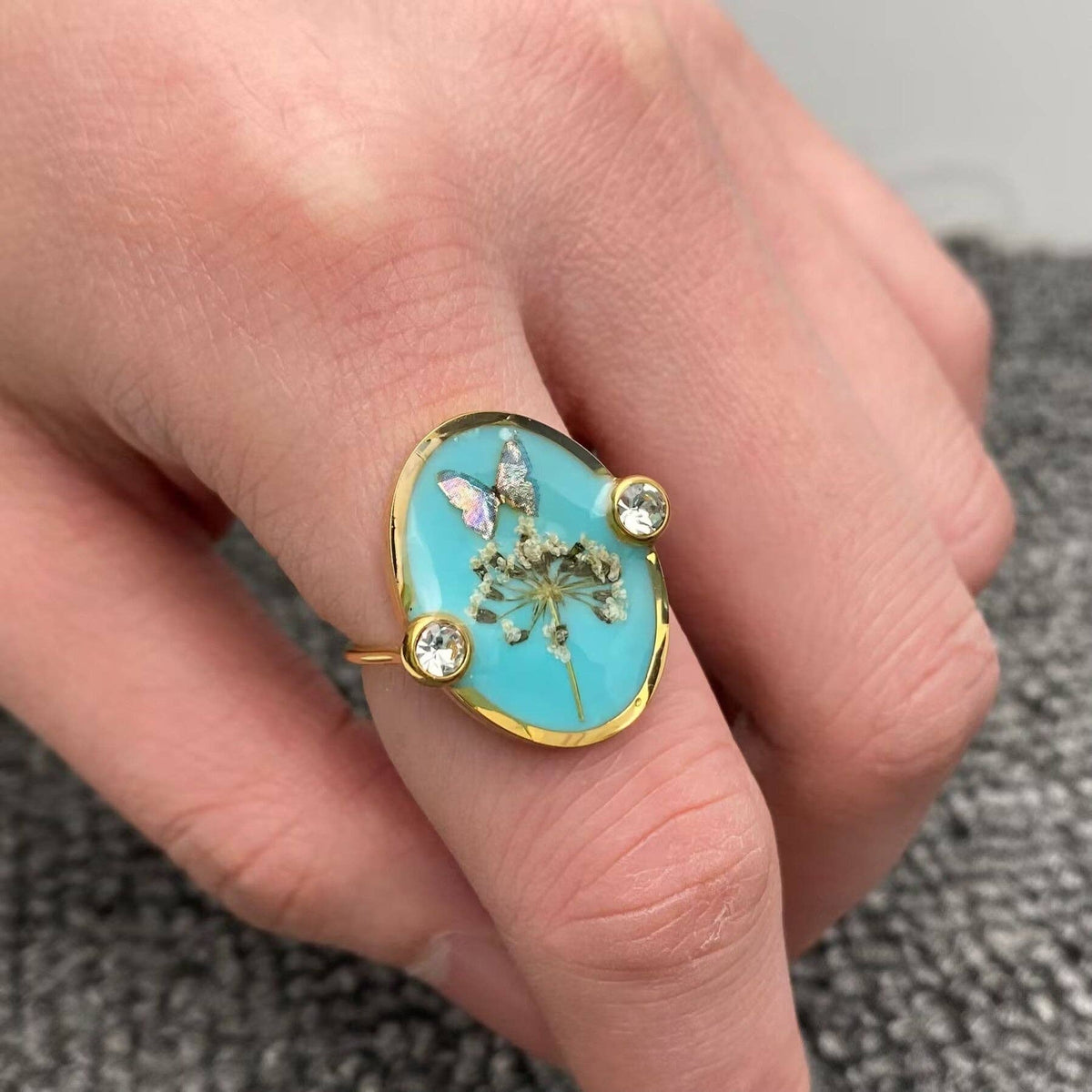 Blue Butterfly Dried Flower 18K Golden SS Ring - FGS/PDF: Style - B