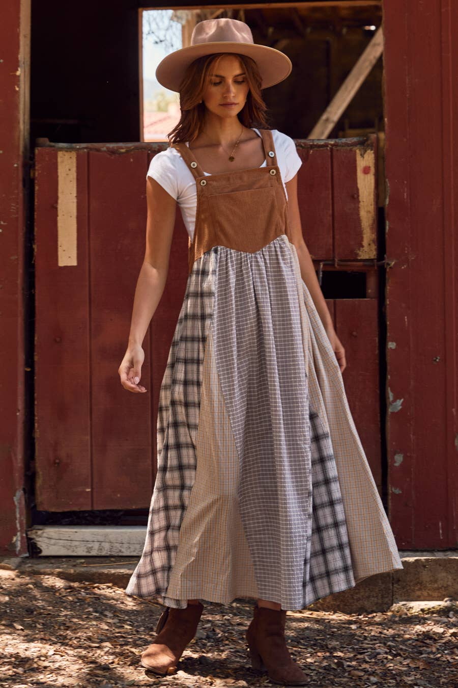Patchwork Plaid Overall Dress : Taupe Multi / L