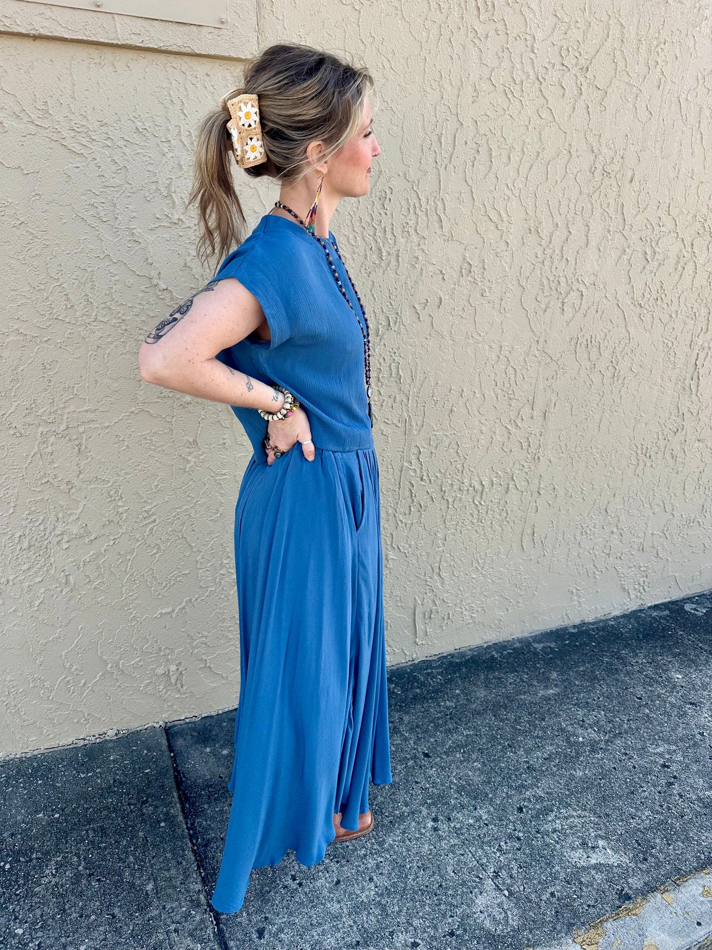 Woven Crinkle Gauze Crop Tee & Skirt Set