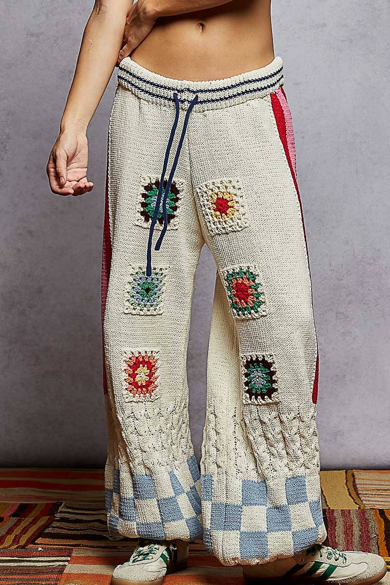 Striped checker pattern patch detail chenille sweater pants