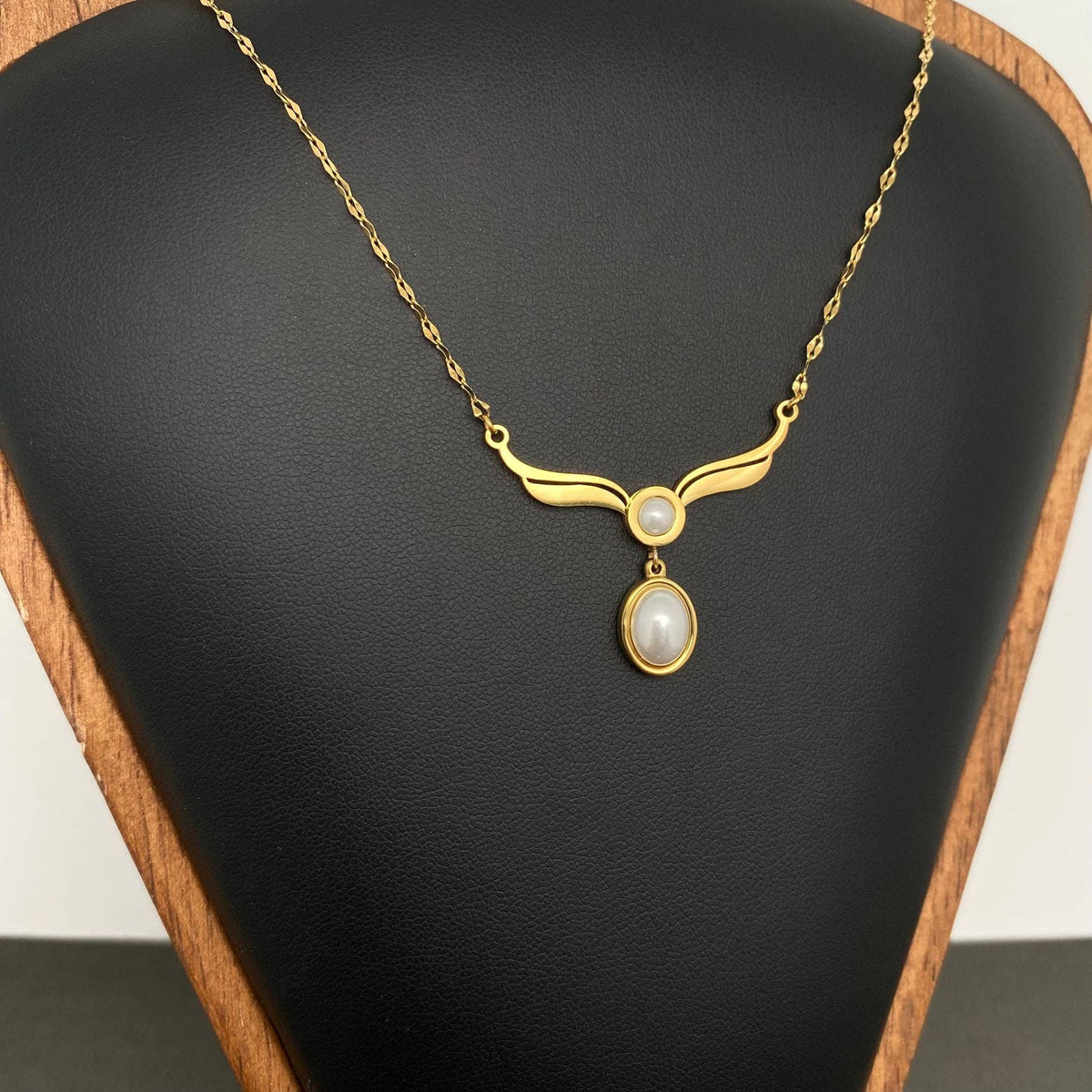 Pearl inlaid Wing charm 18K Gold Plated SS Necklace - FGS