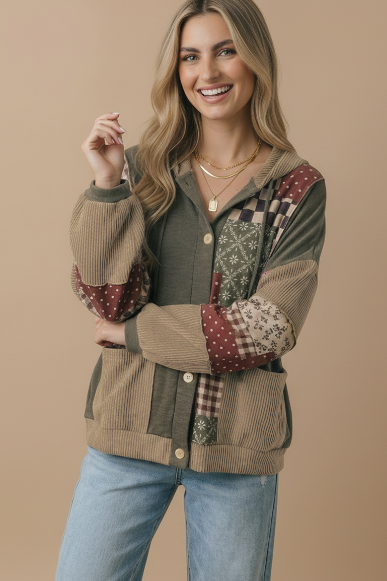Button Down Color Block Patchwork Print Hoodie