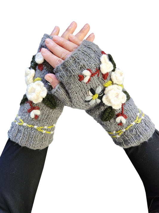Handmade Knit Fingerless Floral Gloves: Assorted Colors / Outer: 100% Wool Lining: 100% Polyester Fleece / O/S