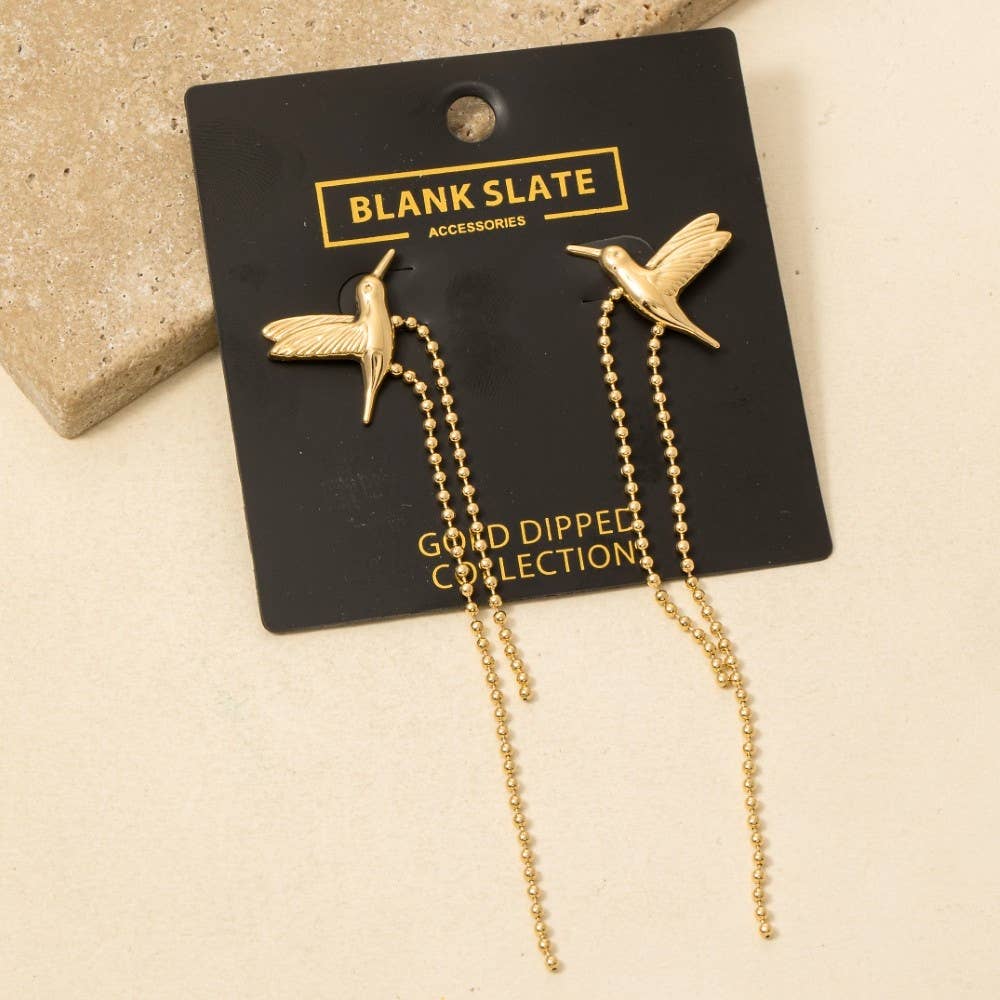 Gold Dipped Humming Bird And Chain Stud Dangle Earrings: GOLD