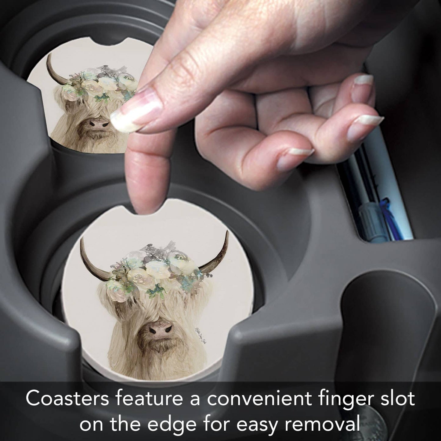 "Floral Highland Cow" Single Packaged Stone Car Coaster