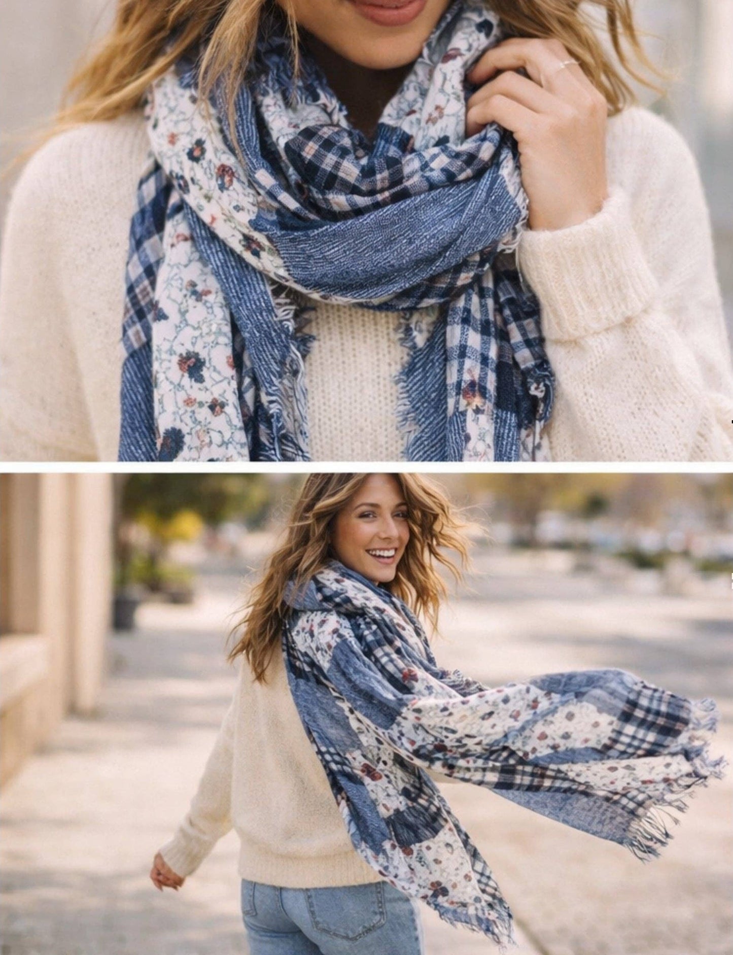 JC022516 Vintage Patchwork Floral & Plaid Scarf Shawl – Soft Lightweight Boho Wrap Cashmere-Blend Scarf: Brown