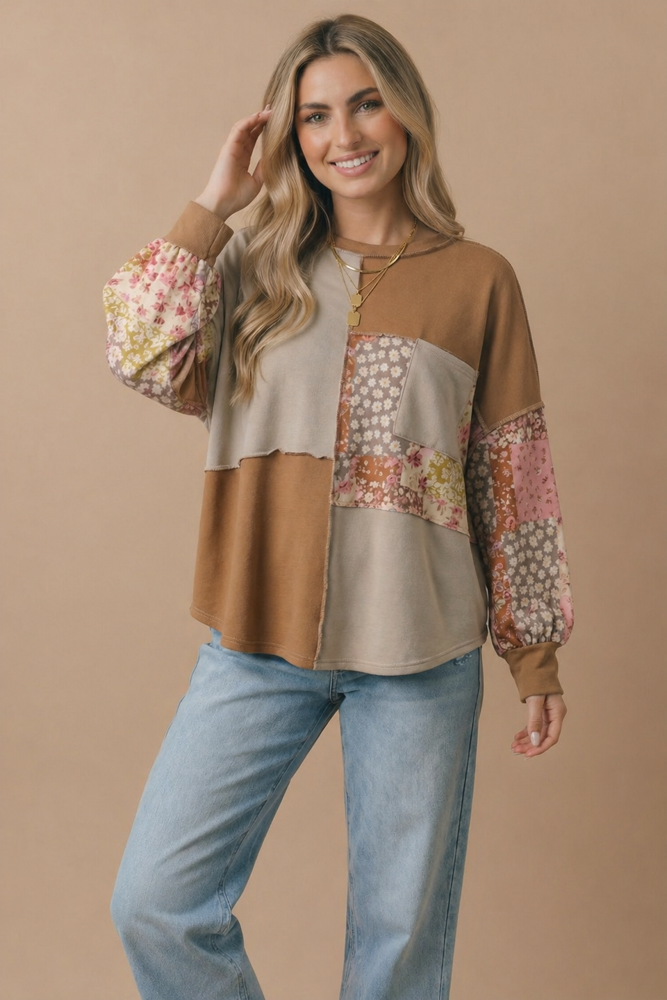 Mock Neck Floral Patchwork Pullover Top: TAUPE/CAMEL / S