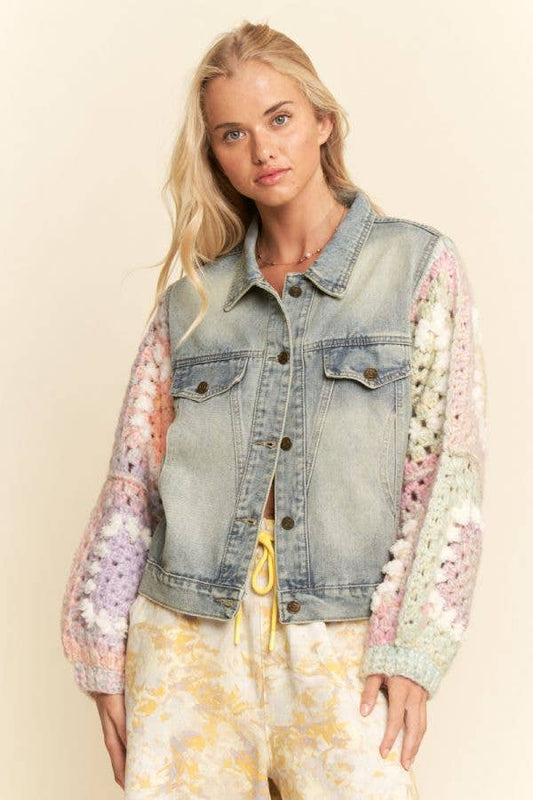 FUZZY FLOWER CROCHET PATCHWORK FRONT JACKET