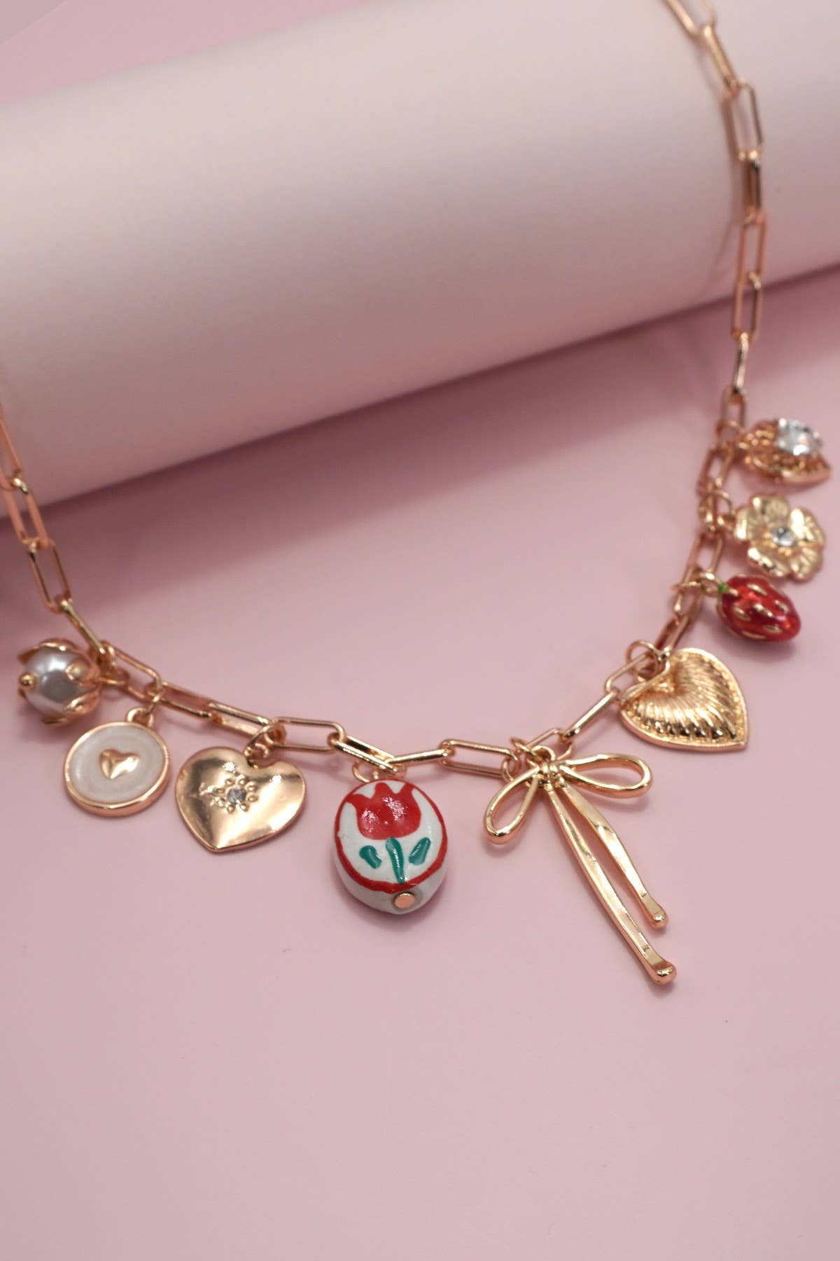 CHARM NECKLACE-BOW TOILE FLORAL HEART RHINESTONE | 80N91645: GOLD