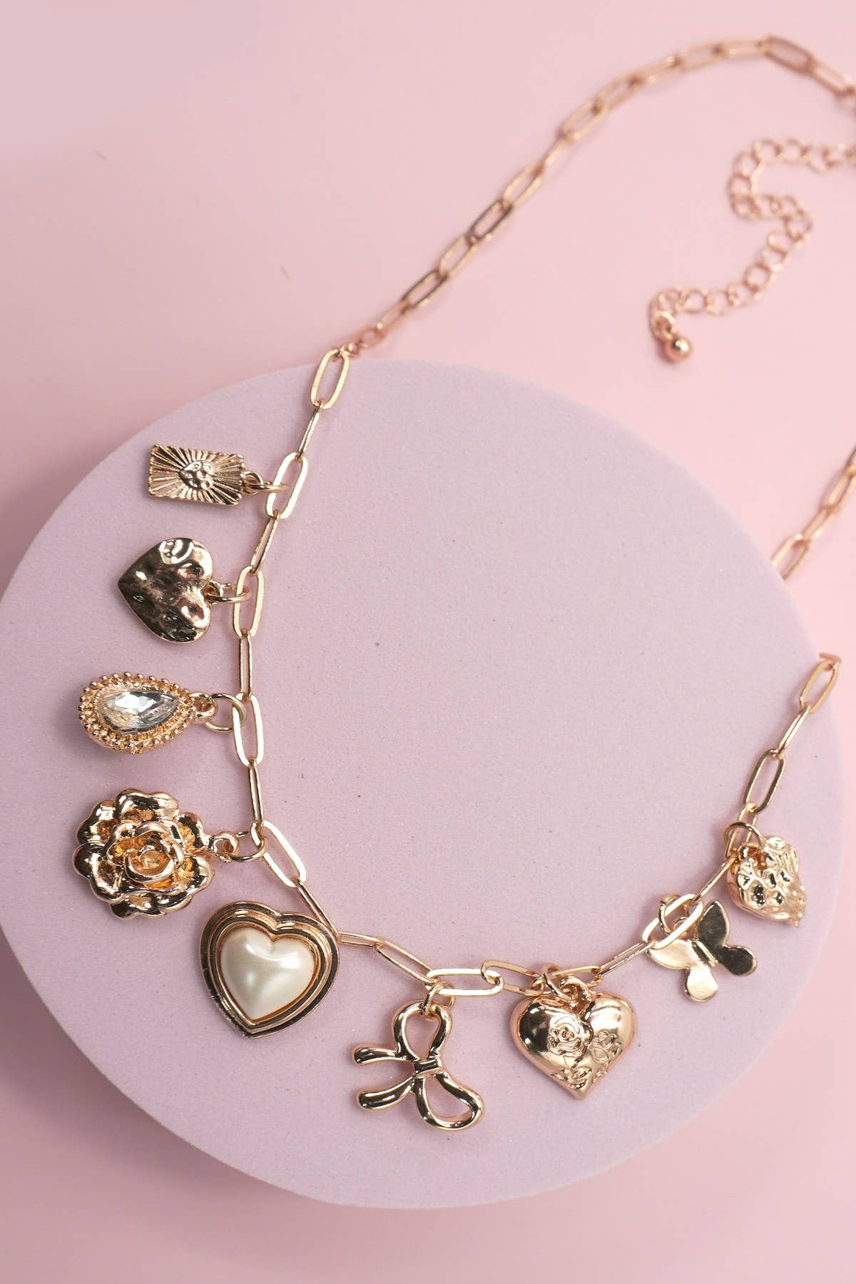 CHARM NECKLACE-BOW HEART RHINESTONE FLOWER | 80N91405: Gold