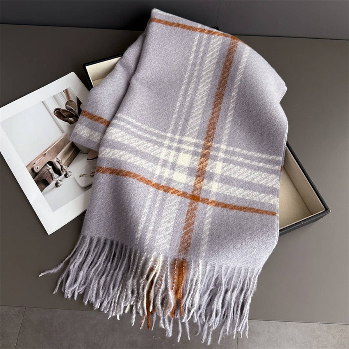 Minimal Plaid Soft Cashmere Feel Winter Scarf_CWASC03246: CAMEL / (OS) 1