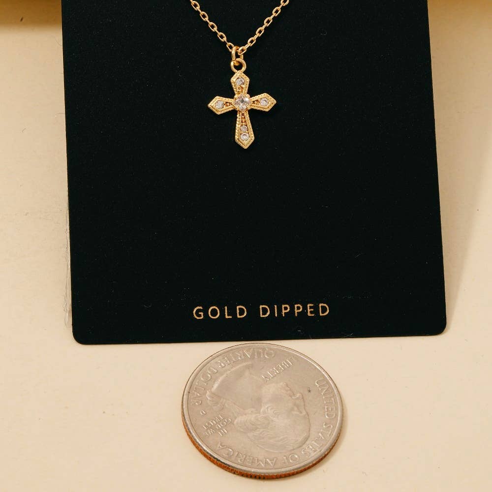 Gold Dipped Cz Pave Gothic Cross Pendant Necklace: GOLD