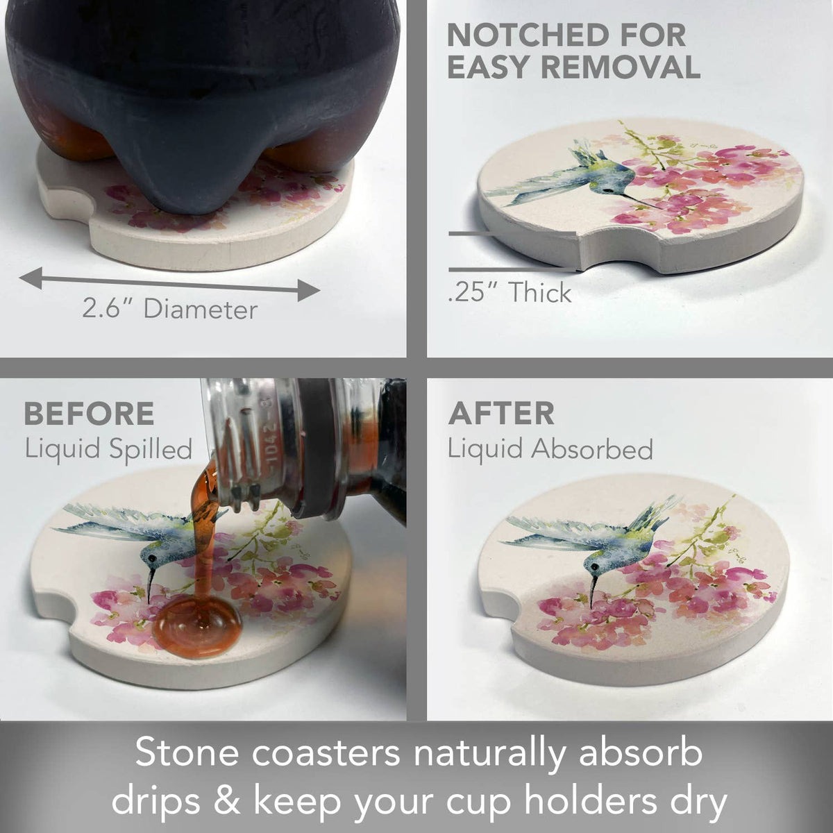 "Hummingbird Watercolor" Absorbent Stone Car Coaster 1pk