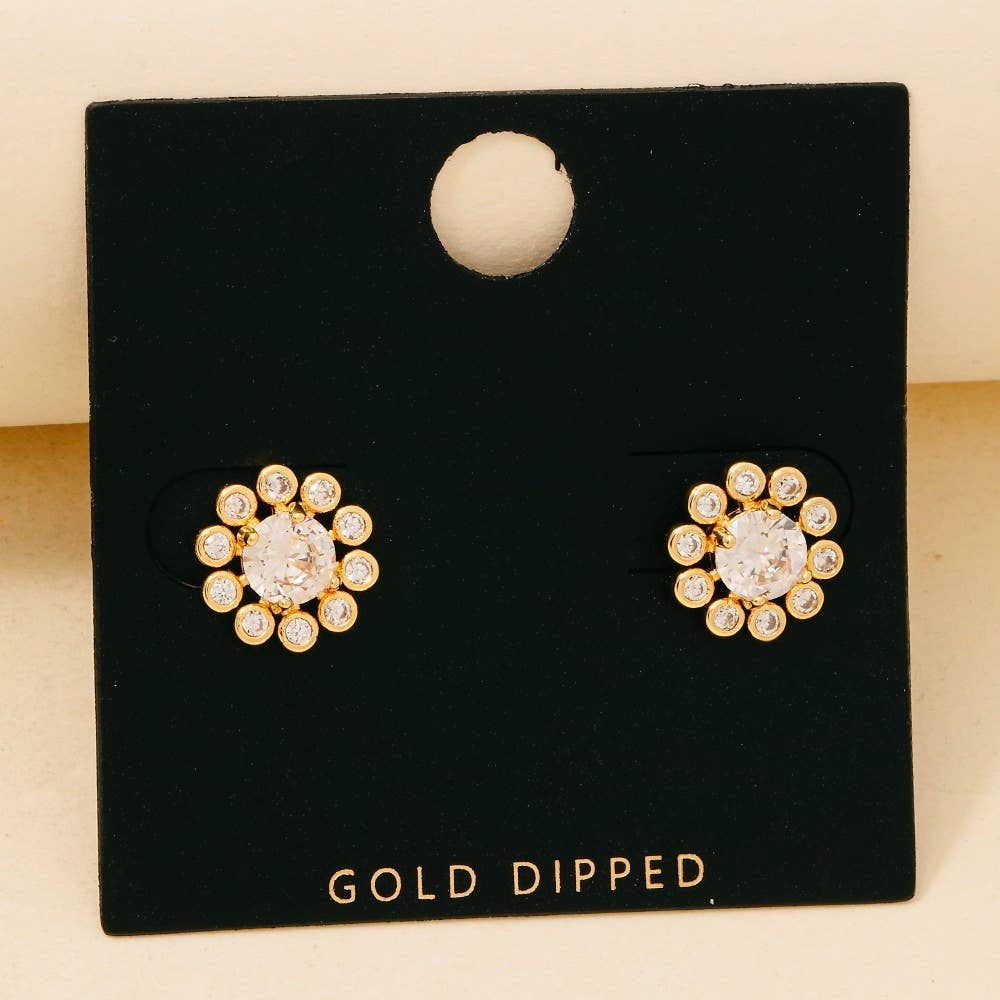 Gold Dipped Cz Pave Flower Stud Earrings: GOLD