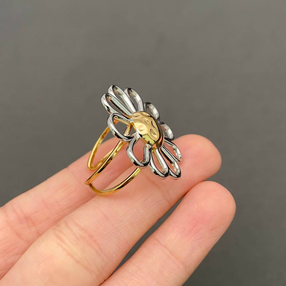 Two Tone Hollow Flower 18K Gold Plated S.Steel Ring - FGS