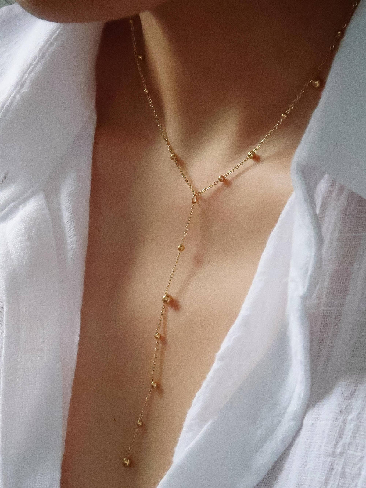 Brisse 18K Gold Non-Tarnish Dressy Beaded Y Lariat Necklace: Yellow Gold