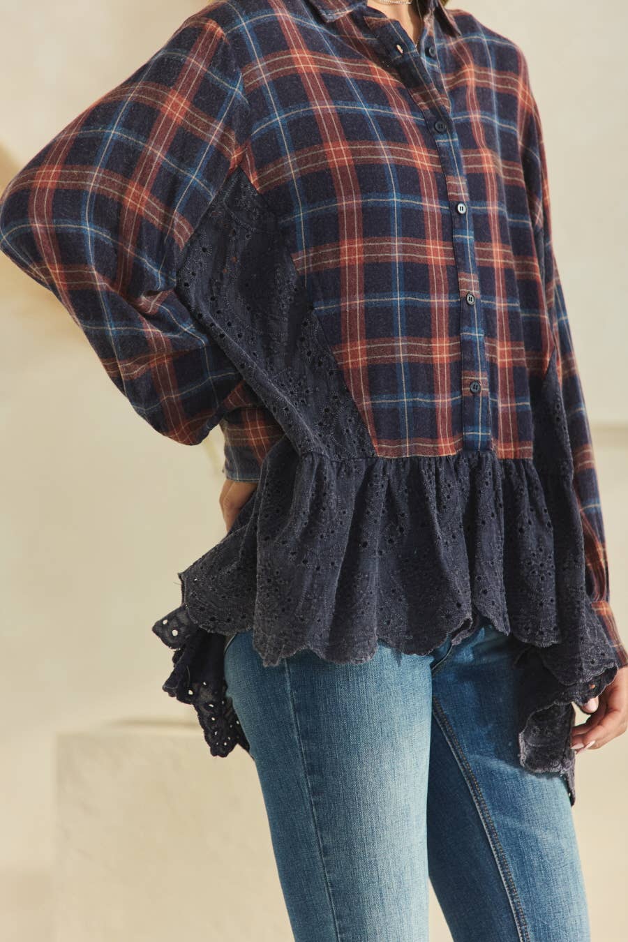 Plus Plaid Eyelet Lace Button Down Shirts: Washed Navy Plaid / 2XL