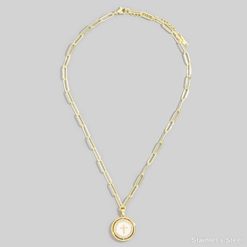 Stainless Steel Cross Disc Pendant Necklace: GMOP