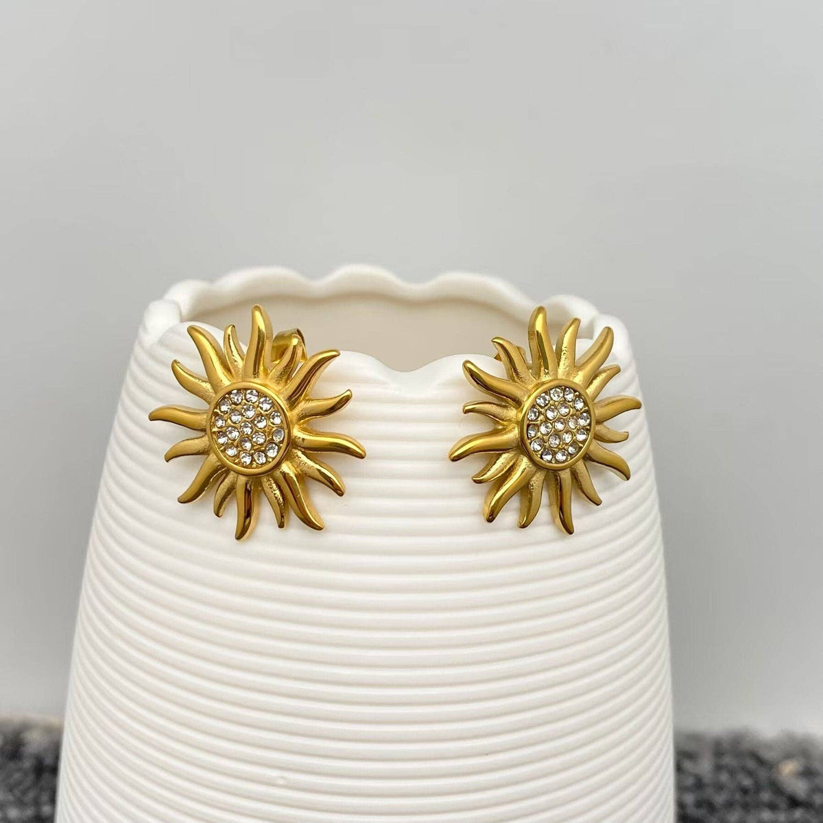 Inlaid CZ 18K Gold Plated S.Steel Sun Stud Earrings - FGS/MS