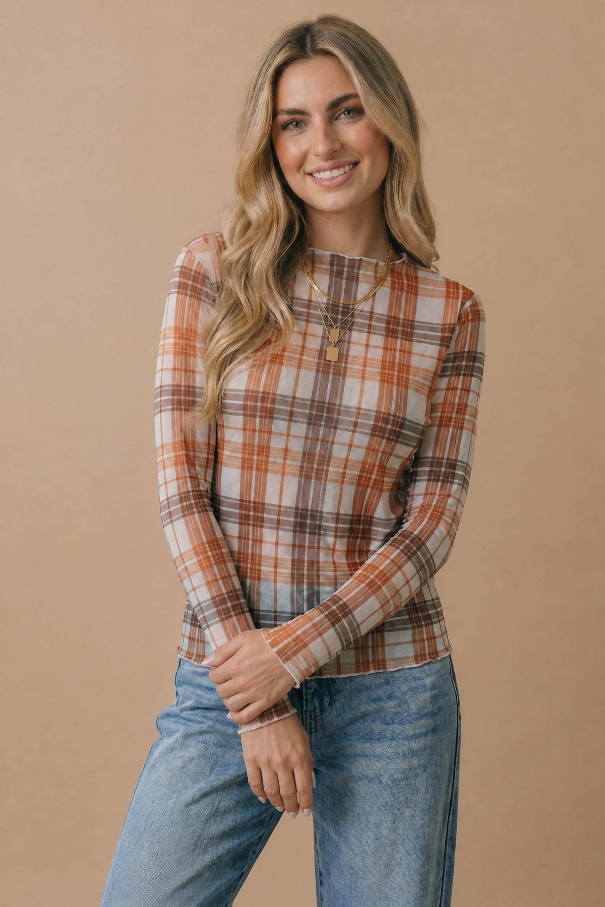 Plaid Mesh Semi-Sheer Top