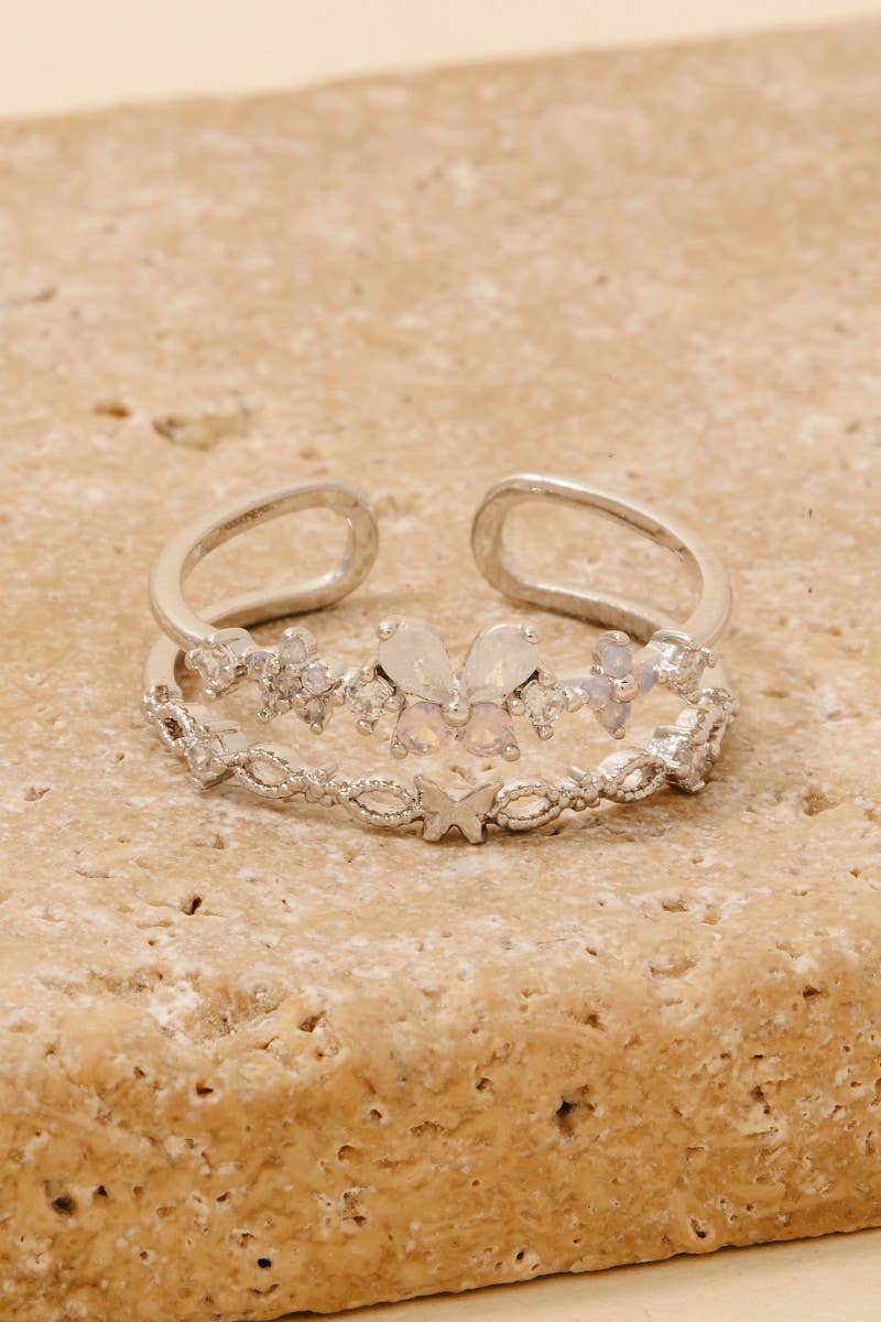 Cz Butterflies And Flowers Layered Open Band Ring: S