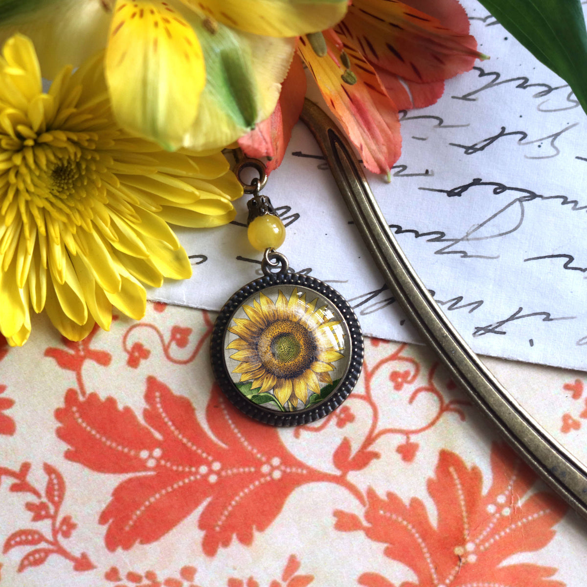 Summer Sunflower Bronze and Glass Bookmark