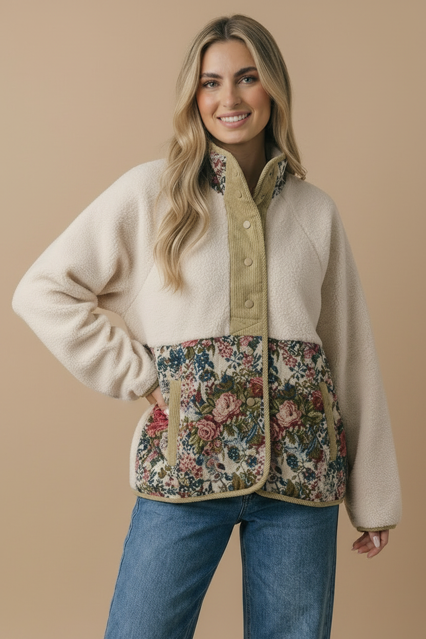 High Neck Snap Button Sherpa Floral Jacket