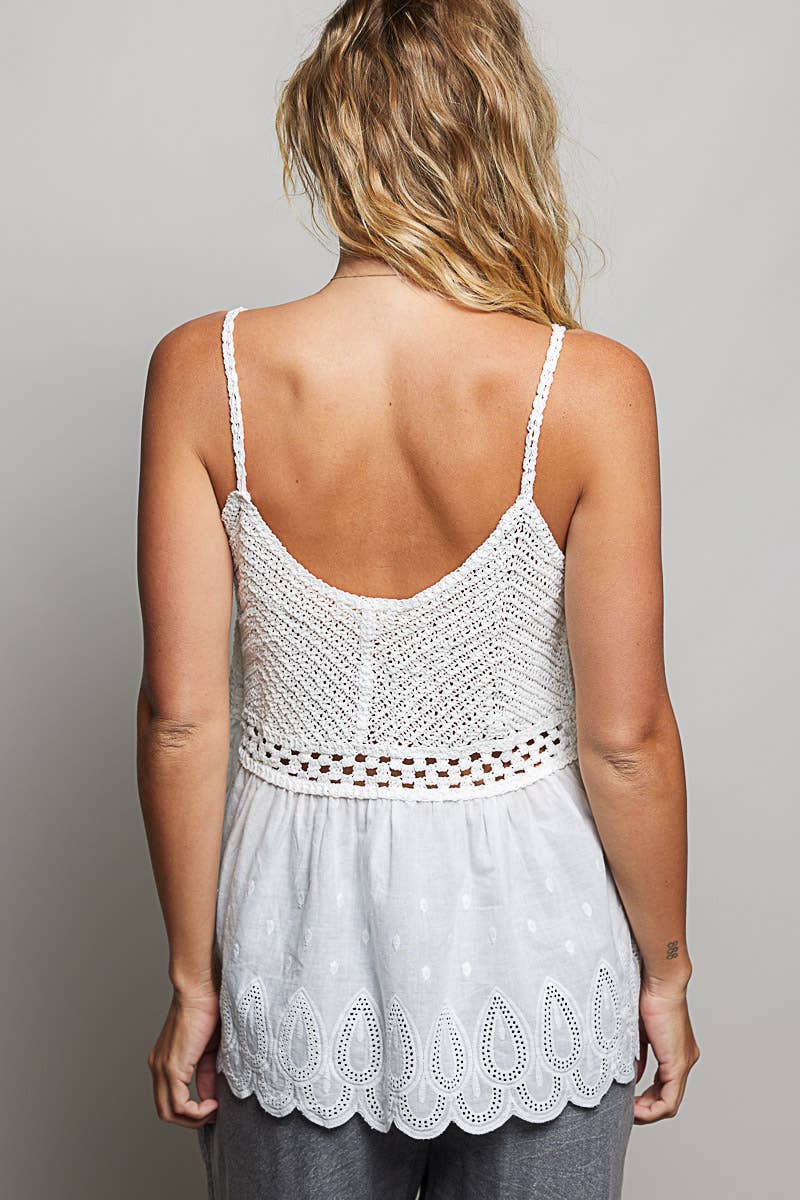 Round Neck Sleeveless Eyelet Ruffle Embroidered Crochet Top: NATURAL / Os