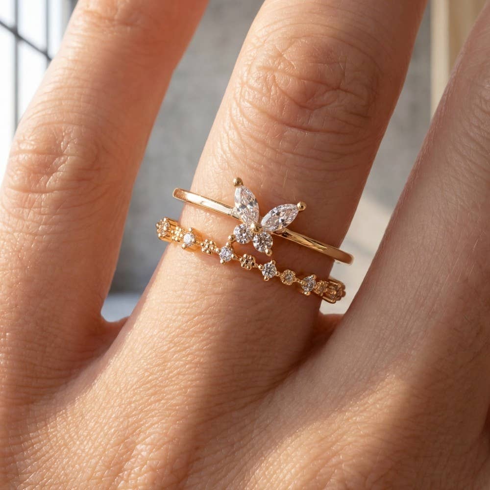 Two Row Gold Dipped Cz Butterfly Ring: G