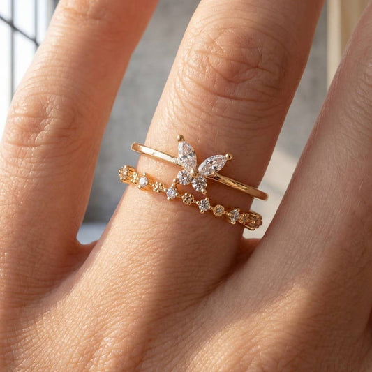 Two Row Gold Dipped Cz Butterfly Ring: G