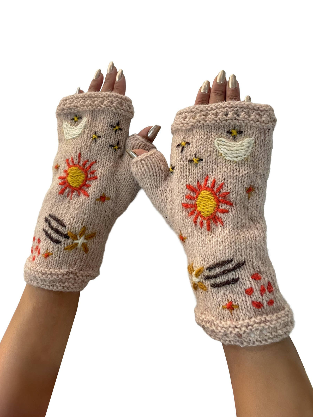 Whimsical Celestial Fingerless Gloves Hand Embroidered : Assorted Colors / O/S